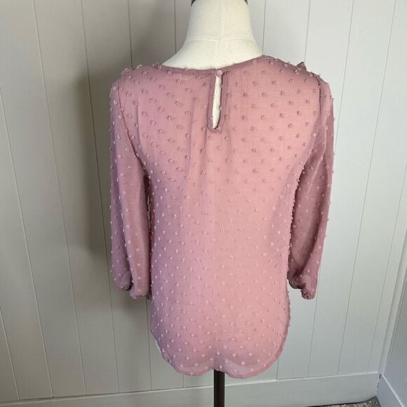 EM Womens Size Small Pullover Blouse Pink Dots Textured Ruffles Long Sleeves - Picture 8 of 14